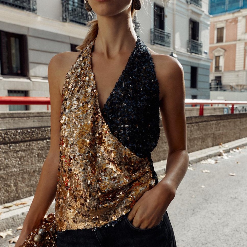 Zara Gold Sequin Halter Top Glam Going Out Party NWT Small Festival metallic